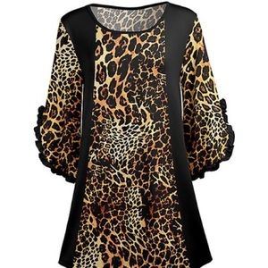 Lily Black & Brown Leopard, Ruffle Trim, Bell Sleeve Tunic, Plus Size 3X / 22W